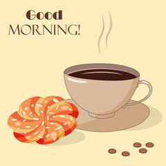 A cup of aromatic coffee with a freshly baked handmade tsoureki greek sweet braided bread with almond. Traditional breakfast vector illustration.