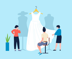White dress sewing or presentation in wedding store. Flat girl looking cloth for marriage. Fashion tailoring workshop, personal stylist vector scene