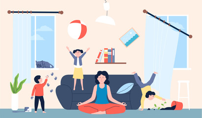 Calm mom and mischievous kids in room. Children jumping and running, doing chaos in home. Mother meditate, family game time recent vector scene