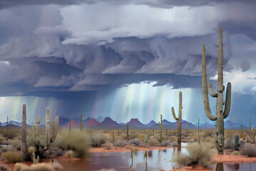Raging Monsoon Rainstorm in the Barren Arizona Desert Generative AI Photo