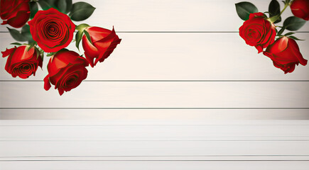 empty wooden table with blurry background of red roses, ai generated