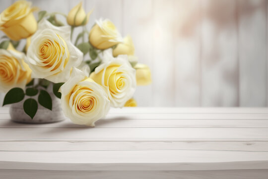 empty wooden table with blurry background of yellow roses, ai generated