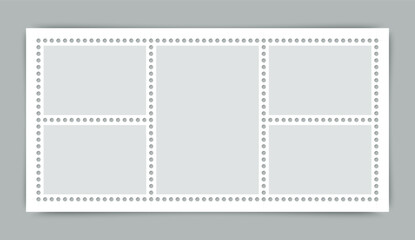 Empty post stamp set. Collection paper postmarks. Postal shapes border for mail letter. Postage stamps set. Blank frames isolated on gray background. Vector illustration.