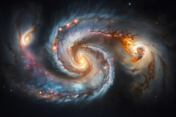 Collision of spiral galaxies, a large-scale catastrophe in the universe. Generative AI technology.