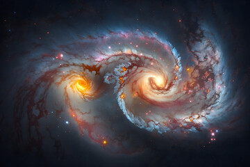 Collision of spiral galaxies, a large-scale catastrophe in the universe. Generative AI technology.