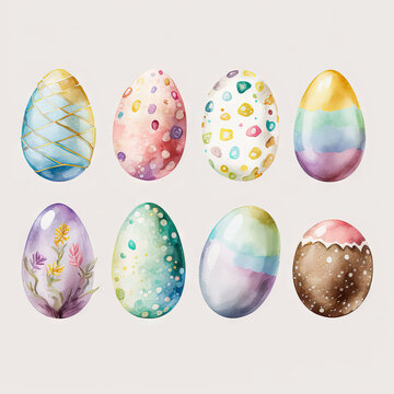 Watercolor colorful easter eggs collection, Generative AI painting