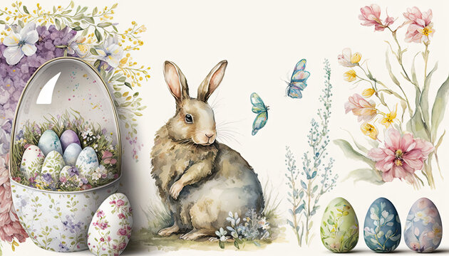 Happy Easter rabbit with spring flowers and colored easter eggs, copy space for text, Generative AI watercolor design