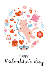 Happy Valentine's day. Greeting card with cupid cat and romantic objects, cartoon style. Trendy modern vector illustration, hand drawn, flat