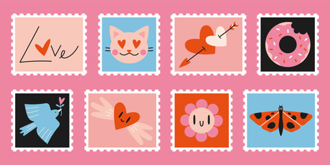 Set of cute hand-drawn post stamps with Valentines Day, Love theme attributes like heart, flower, bird, cat. Trendy vector illustartions in Cartoon style.