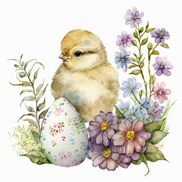 Happy Easter cute baby chicken with spring flowers and Easter eggs, watercolor Generative AI illustration
