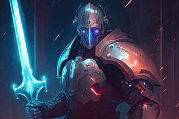 Obraz na płótnie Canvas A cyborg holding a futuristic sword and shield, digital art style, illustration painting generative ai