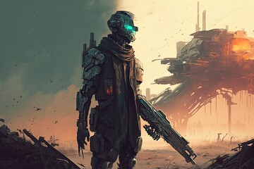 A cyborg holding a futuristic weapon in a post-apocalyptic wasteland, digital art style, illustration painting generative ai