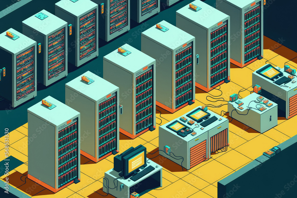 Poster rows of computers in a room data center. generative ai