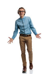 casual man walking ahead and feeling confused