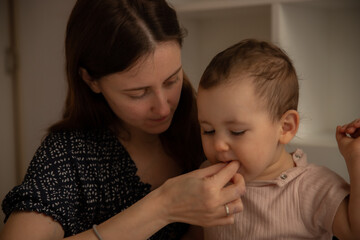 Mother and daughter breakfast, food for baby 