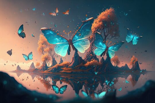 A magical fairy world with glittering butterflies and floating islands, digital art style, illustration painting generative ai