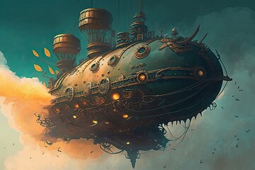 A steampunk airship with gears and smoke, digital art style, illustration painting generative ai