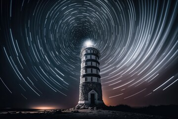 A stunning photo of the iconic Tower, lit up against the night sky, with star trails above. beauty of the tower, the light trails in the sky, and the surrounding cityscape, generative ai
