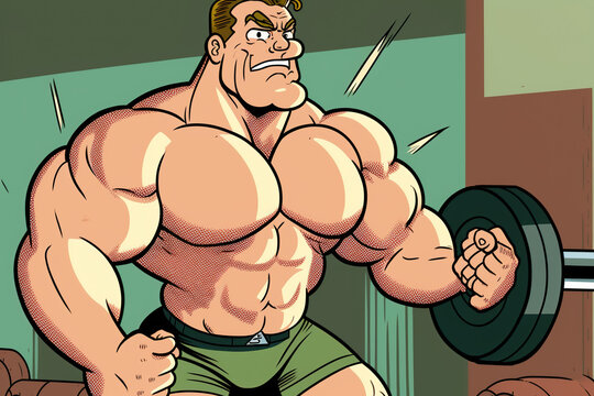 Bodybuilder Cartoon Comic, Muscle Man Working Out in Gym Illustration, Bodybuilder Lifting Weights, Strong Man Graphic Art, Bodybuilder on Steroids Design, Colorful Pop Art, Bodybuilder Vector Cartoon