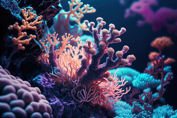 Naklejka na ściany i meble Bioluminescent corals, sea anemones. Fantastic, amazing creatures of the underwater world. Beautiful background. Gen art