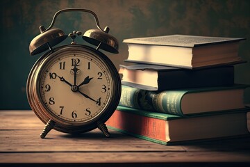A top view of a vintage alarm clock and a stack of books on a wooden surface. The ideal background for promoting productivity and organization generative ai