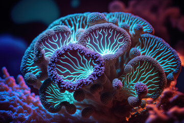 Bioluminescent corals, sea anemones. Fantastic, amazing creatures of the underwater world. Beautiful background. Gen art