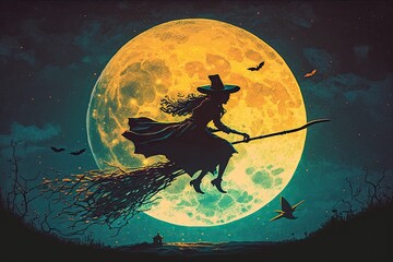 A witch flying on her broomstick over a full moon, digital art style, illustration painting generative ai - obrazy, fototapety, plakaty