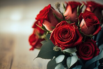luxury bouquet of fresh red roses on light background, closeup generative ai