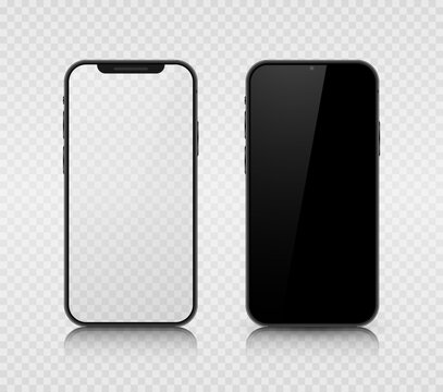 Two smartphone layouts with a black and transparent screen. Realistic 3D mobile phones with shadows and highlights on a transparent background. Vector illustration.