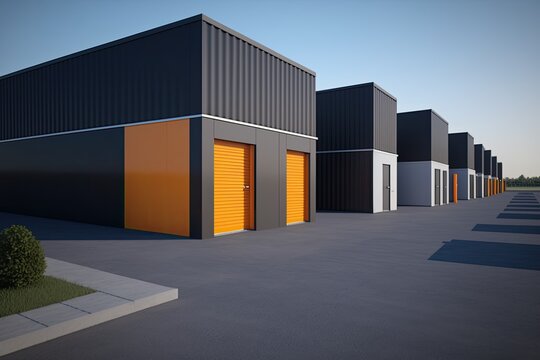 Sleek And Organized Self-storage Facility, With Rows Of Neatly Stacked Storage Units Surrounded By Modern And Functional Buildings Generative Ai