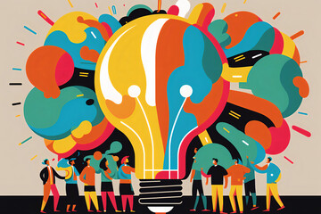 group of people gathered around a giant lightbulb, actively engaging in a brainstorming session. The lightbulb should be the central focus, symbolizing new ideas and creative think. Generative AI.