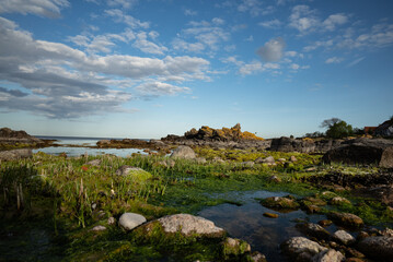 Colorful shot of a rocky stone formation and little sea ponds on the baltic sea in Allinge on...