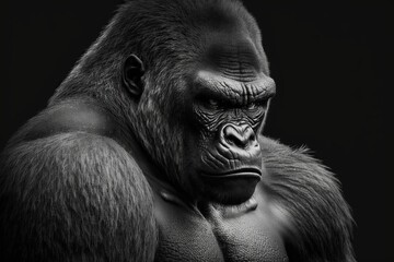 Portrait face powerful dominant male gorilla on black background, Beautiful Portrait of a Gorilla. severe silverback, anthropoid ape, stern face. isolated black background,Generative AI
 - obrazy, fototapety, plakaty