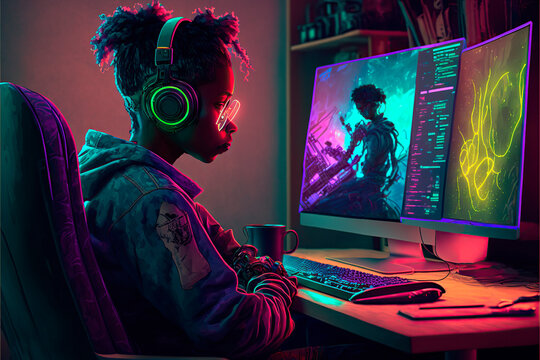 Illustration Of An Afro-American Teenager Playing Computer Games In His Bedroom