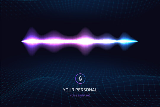 Voice Recognition. Ai Assistant Hear Speech Phone Mic, Contemporary Communication Technology Concept, Neon Soundwave Recording Audio Messages Sound Equaliser Vector Illustration