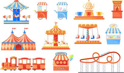 Funfair carousels. Amusement park on fairground with horse carousel, fun fair rides and roller coaster carnival circus tent, kid train fantasy playground, neat vector illustration