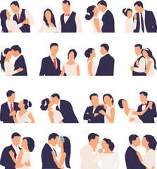 set portrait of the bride and groom in a flat style on a white background, vector
