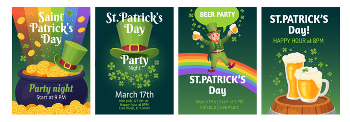 Leprechaun party invitations. St patrick typographic invitation template, saint patricks day irish beer festival celtic luck symbol clover gold pot, ingenious vector illustration