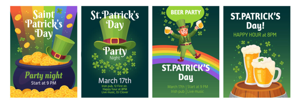 Leprechaun party invitations. St patrick typographic invitation template, saint patricks day irish beer festival celtic luck symbol clover gold pot, ingenious vector illustration