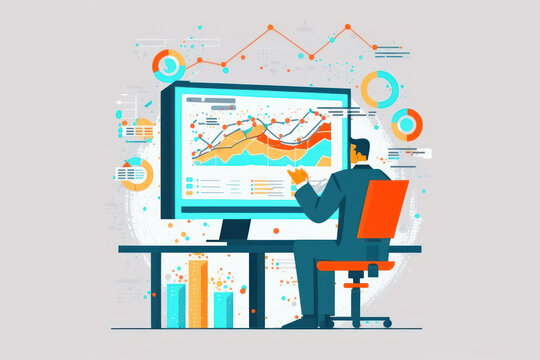 Working with the computer in business analytics, working with business analysis and data management systems on the computer, online document management and database related metrics (generative AI)