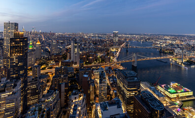 Aerial View of Blue Hour Twilight in Downtown New York City