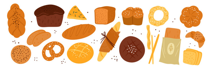 Bread and dough products. Tasty pastry items. Different types baking. Wheat and rye buns. Whole grain flours. Baguette loaves. Roll bagels. Toast and croissant. Garish vector bakery set