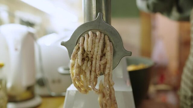 Woman making minced meat for patte with an electric meat grinder in the kitchen