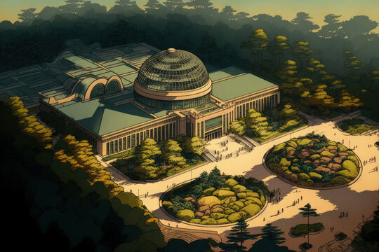 Aerial View of the Academy of Sciences at Golden Gate Park Golden Period. Generative AI