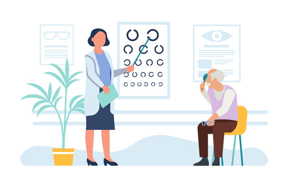 Female ophthalmologist checks old patient eyesight with chart. Vision correction. Retired man eye diagnostic. Senior male health examination. Appointment with doctor. Vector concept