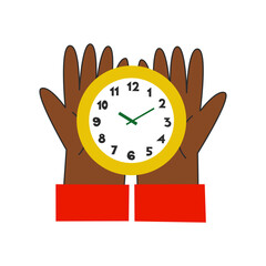 Black history month. African american hand holds clock red yellow green colors. Awareness, equality, pride concept.  Deadlines and time management. Vector flat illustration.