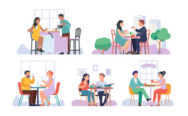 Joyful people eat food at home. Dinner in cafe and outdoor terrace. Men and women enjoying meals. Pizza and drinks. Breakfast in kitchen. Romantic dating. Couples taking lunch vector set