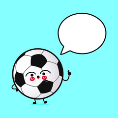 Cute funny Soccer ball with speech bubble. Vector hand drawn cartoon kawaii character illustration icon. Isolated on blue background. Soccer ball character concept