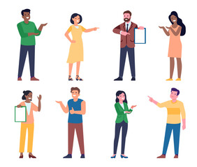 Joyful people pointing at something with fingers or hands. Manager representing product. Arm gesture. Standing men and women. Worker showing document clipboard. Vector persons poses set