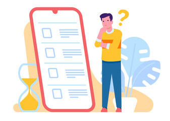 Online survey. Man thinking about question. Smartphone screen. Person choosing answers. Opinion questionnaire. Phone users exam. Digital quiz checkmarks. Customer feedback. Vector concept